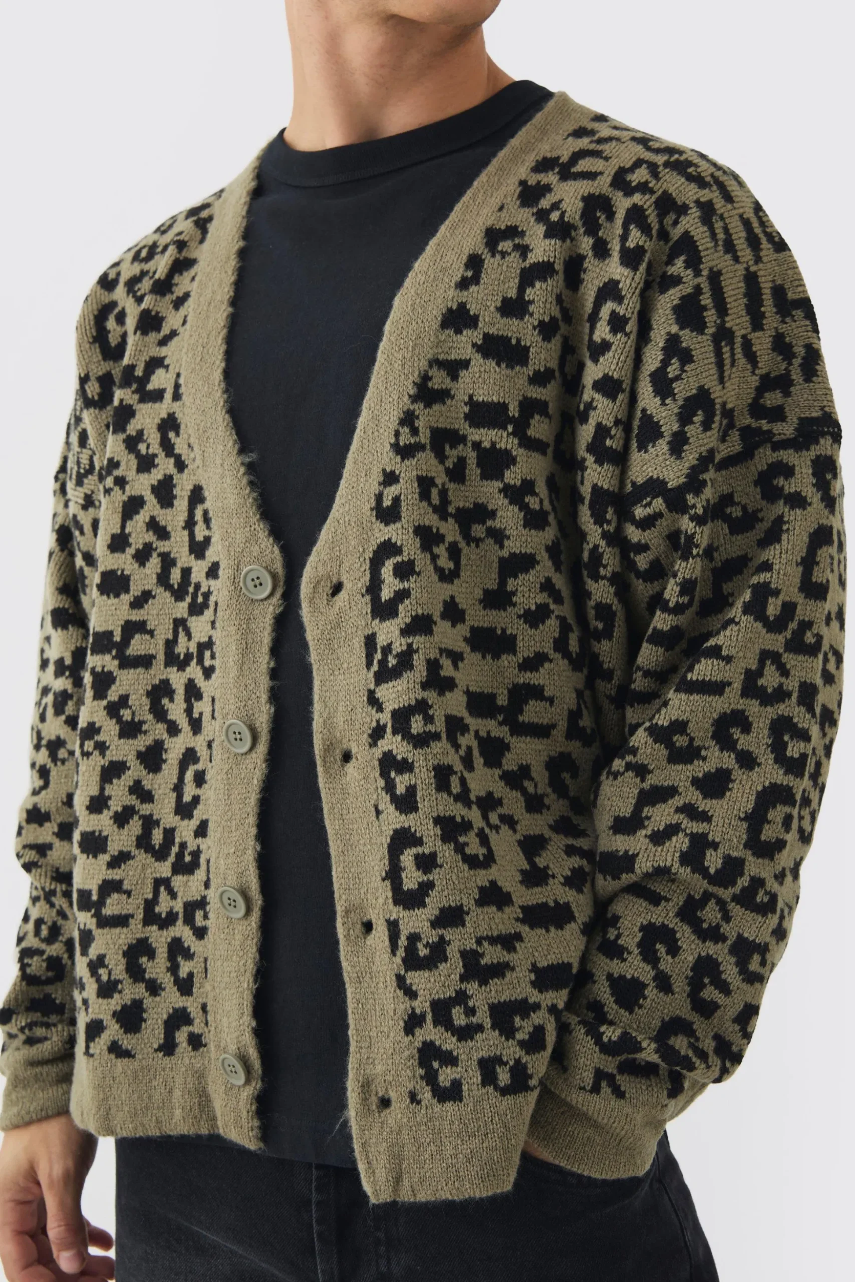 Boxy Oversized Brushed Leopard All Over Cardigan | BoohooMAN UK