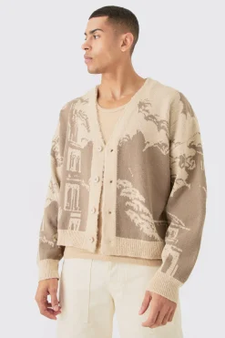 Boxy Oversized Brushed Tonal Scenic Cardigan | BoohooMAN UK