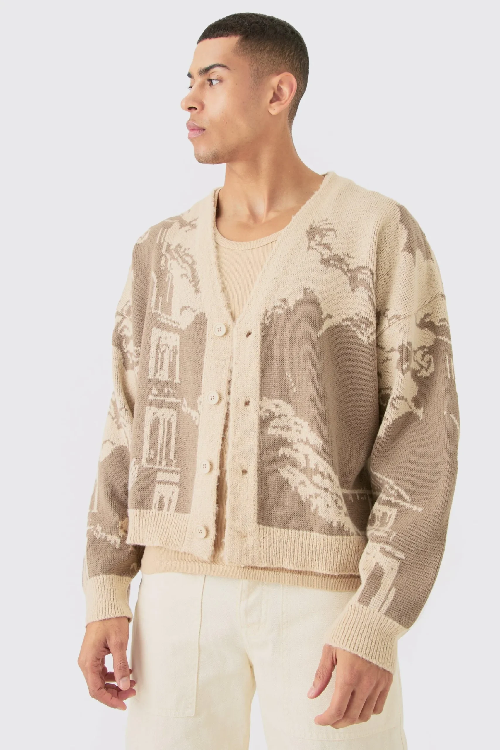 Boxy Oversized Brushed Tonal Scenic Cardigan | BoohooMAN UK