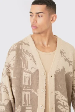 Boxy Oversized Brushed Tonal Scenic Cardigan | BoohooMAN UK