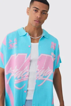 Boxy Oversized Moto Racing Knitted Shirt | BoohooMAN UK