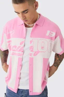Boxy Oversized Moto Racing Stripe Knitted Shirt | BoohooMAN UK