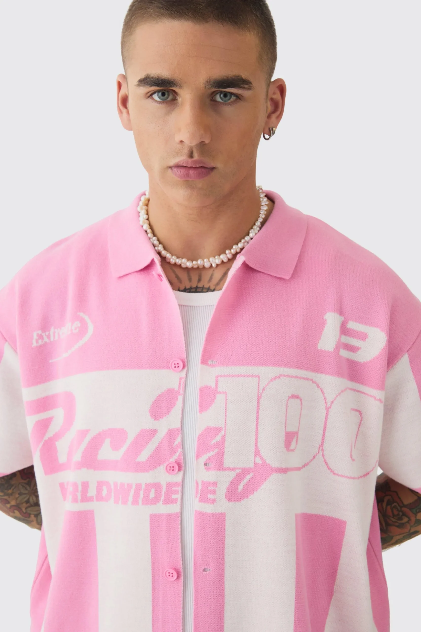 Boxy Oversized Moto Racing Stripe Knitted Shirt | BoohooMAN UK