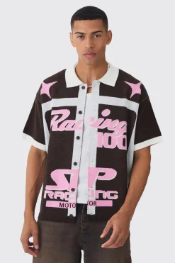Boxy Oversized Moto Racing Knitted Shirt | BoohooMAN UK