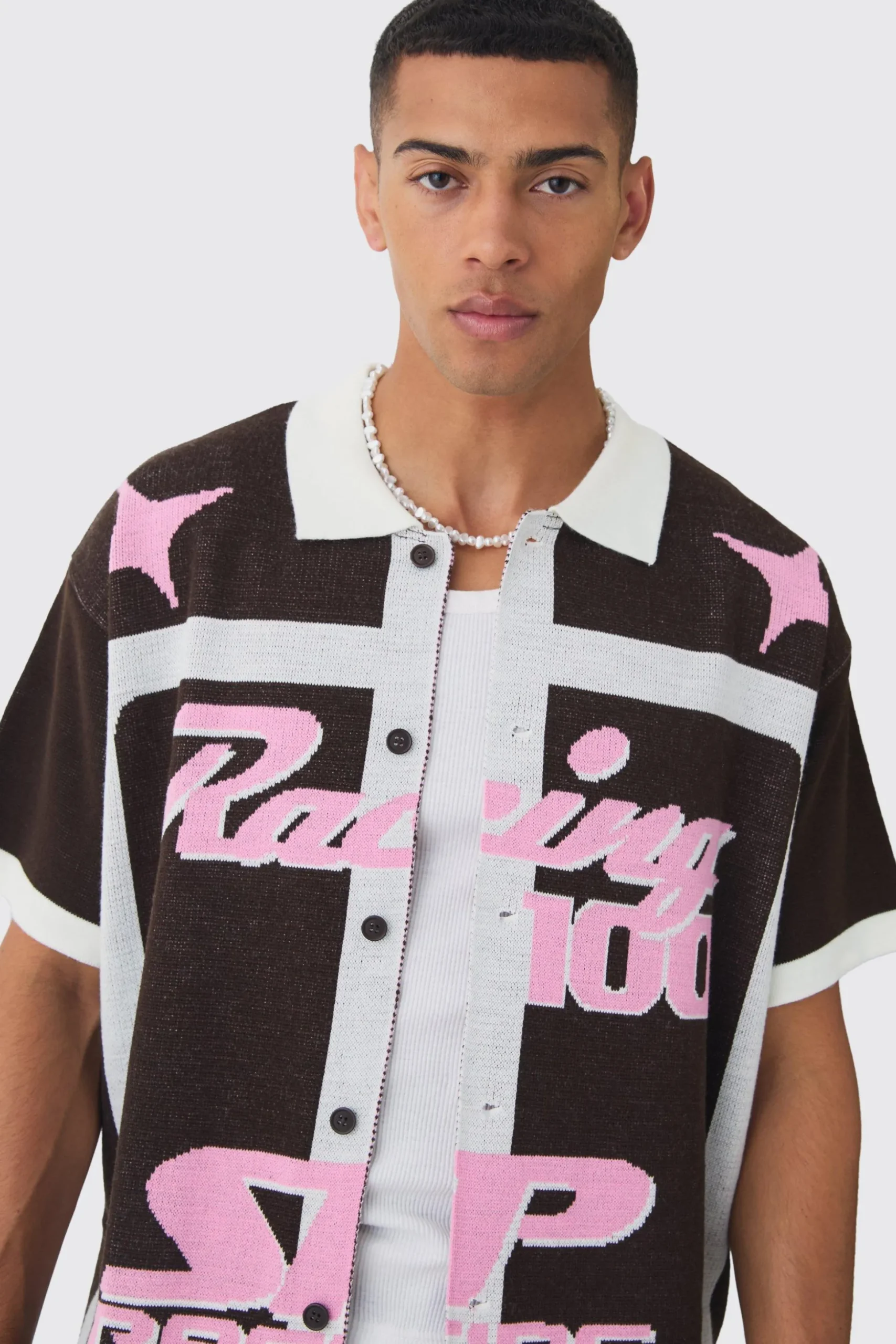 Boxy Oversized Moto Racing Knitted Shirt | BoohooMAN UK