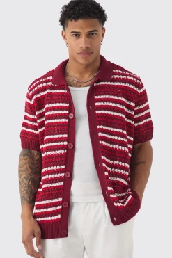 Boxy Oversized Open Stitch Stripe Knit Polo | BoohooMAN UK