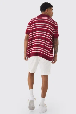 Boxy Oversized Open Stitch Stripe Knit Polo | BoohooMAN UK