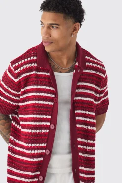 Boxy Oversized Open Stitch Stripe Knit Polo | BoohooMAN UK
