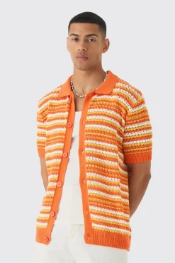 Boxy Oversized Open Stitch Stripe Knit Polo | BoohooMAN UK