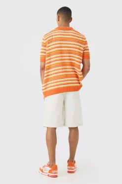 Boxy Oversized Open Stitch Stripe Knit Polo | BoohooMAN UK