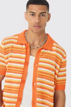 Boxy Oversized Open Stitch Stripe Knit Polo | BoohooMAN UK