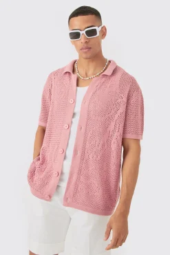 Boxy Oversized Open Stitch Tonal Floral Intarsia Short Sleeve Knit Shirt | BoohooMAN UK