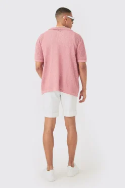 Boxy Oversized Open Stitch Tonal Floral Intarsia Short Sleeve Knit Shirt | BoohooMAN UK