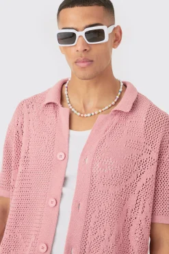 Boxy Oversized Open Stitch Tonal Floral Intarsia Short Sleeve Knit Shirt | BoohooMAN UK
