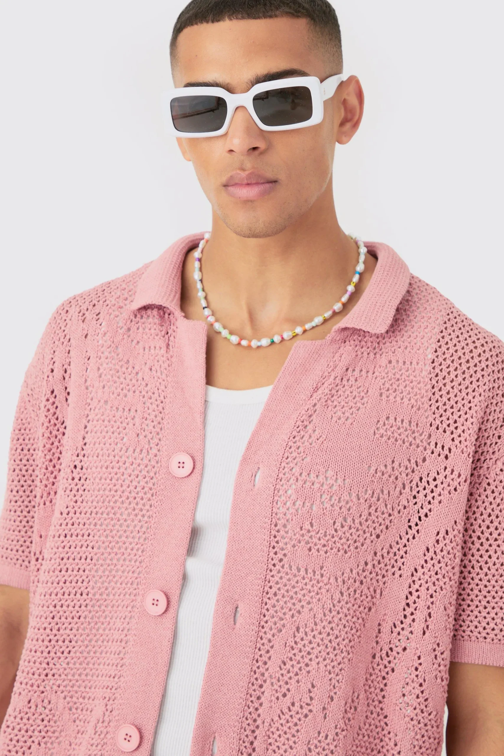 Boxy Oversized Open Stitch Tonal Floral Intarsia Short Sleeve Knit Shirt | BoohooMAN UK