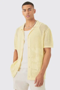 Boxy Oversized Open Stitch Tonal Floral Intarsia Short Sleeve Knit Shirt | BoohooMAN UK
