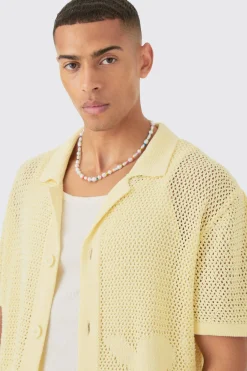 Boxy Oversized Open Stitch Tonal Floral Intarsia Short Sleeve Knit Shirt | BoohooMAN UK