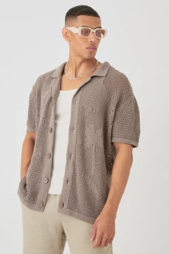 Boxy Oversized Open Stitch Tonal Palm Intarsia Short Sleeve Knit Shirt | BoohooMAN UK