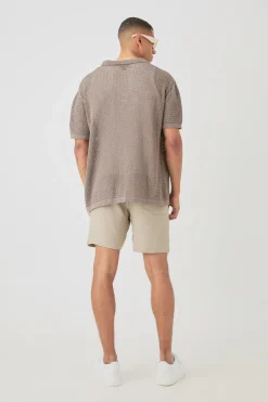 Boxy Oversized Open Stitch Tonal Palm Intarsia Short Sleeve Knit Shirt | BoohooMAN UK