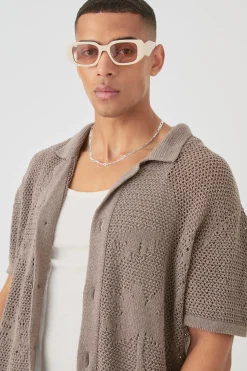 Boxy Oversized Open Stitch Tonal Palm Intarsia Short Sleeve Knit Shirt | BoohooMAN UK
