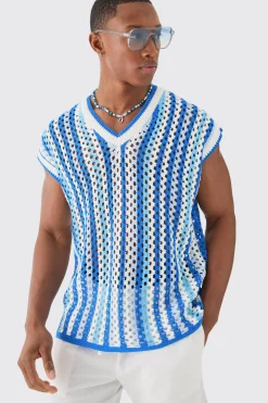 Boxy Oversized Open Stitch V Neck Stripe Sweater Vest | BoohooMAN UK