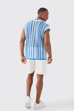 Boxy Oversized Open Stitch V Neck Stripe Sweater Vest | BoohooMAN UK