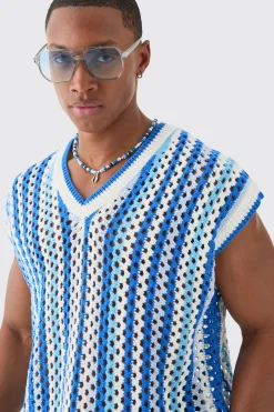 Boxy Oversized Open Stitch V Neck Stripe Sweater Vest | BoohooMAN UK