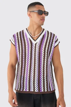 Boxy Oversized Open Stitch V Neck Stripe Sweater Vest | BoohooMAN UK