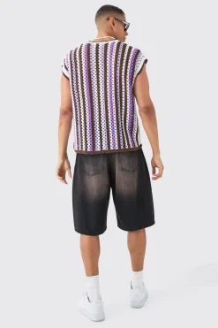 Boxy Oversized Open Stitch V Neck Stripe Sweater Vest | BoohooMAN UK