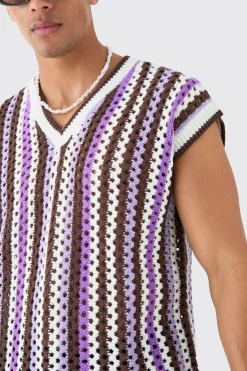 Boxy Oversized Open Stitch V Neck Stripe Sweater Vest | BoohooMAN UK