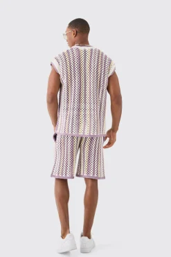 Boxy Oversized Open Stitch V Neck Strip Sweater Vest | BoohooMAN UK