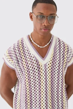 Boxy Oversized Open Stitch V Neck Strip Sweater Vest | BoohooMAN UK
