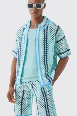Boxy Oversized Open Stitch Stripe Knit Shirt | BoohooMAN UK