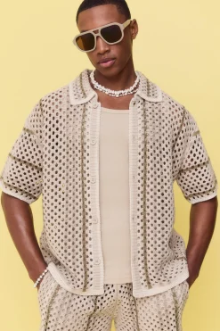 Boxy Oversized Open Stitch Stripe Knit Shirt | BoohooMAN UK