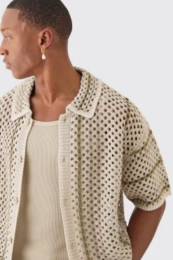 Boxy Oversized Open Stitch Stripe Knit Shirt | BoohooMAN UK