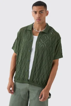 Boxy Oversized Patterned Open Stitch Knitted Shirt | BoohooMAN UK