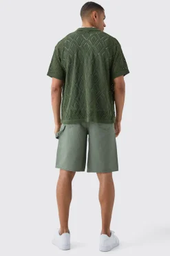Boxy Oversized Patterned Open Stitch Knitted Shirt | BoohooMAN UK