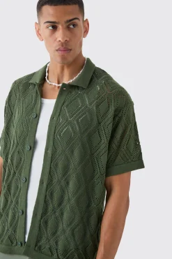 Boxy Oversized Patterned Open Stitch Knitted Shirt | BoohooMAN UK
