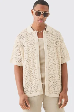 Boxy Oversized Patterned Open Stitch Knitted Shirt | BoohooMAN UK