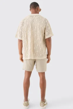 Boxy Oversized Patterned Open Stitch Knitted Shirt | BoohooMAN UK