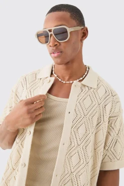Boxy Oversized Patterned Open Stitch Knitted Shirt | BoohooMAN UK
