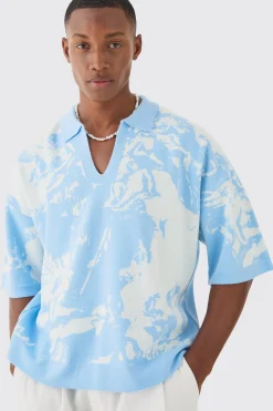 Boxy Oversized Renaissance Graphic Knit Polo | BoohooMAN UK