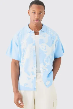 Boxy Oversized Renaissance Drawing Knitted Shirt | BoohooMAN UK