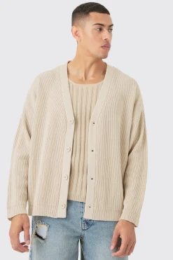 Boxy Oversized Ribbed Knit Cardigan | BoohooMAN UK