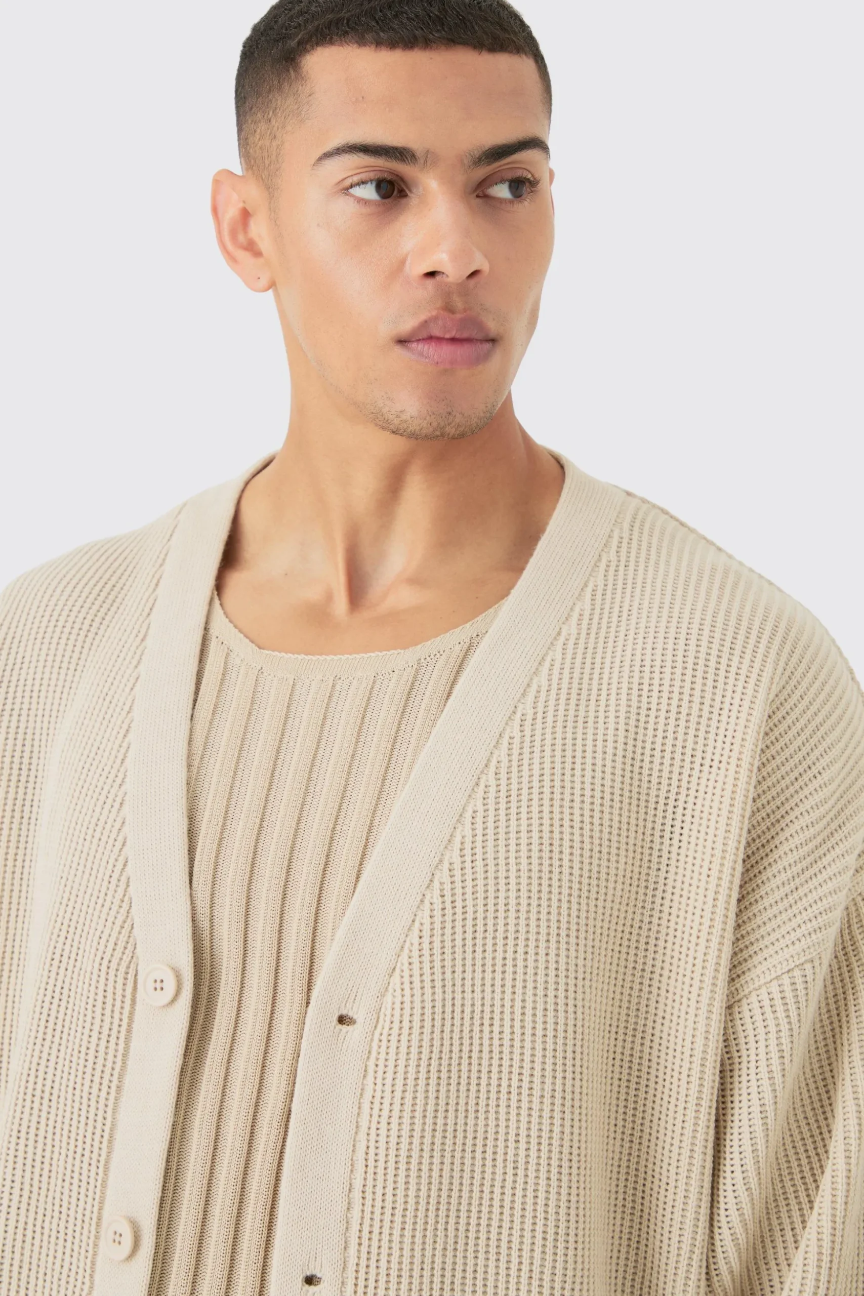 Boxy Oversized Ribbed Knit Cardigan | BoohooMAN UK