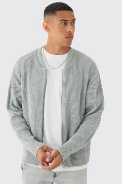 Boxy Oversized Ribbed Knit Bomber | BoohooMAN UK