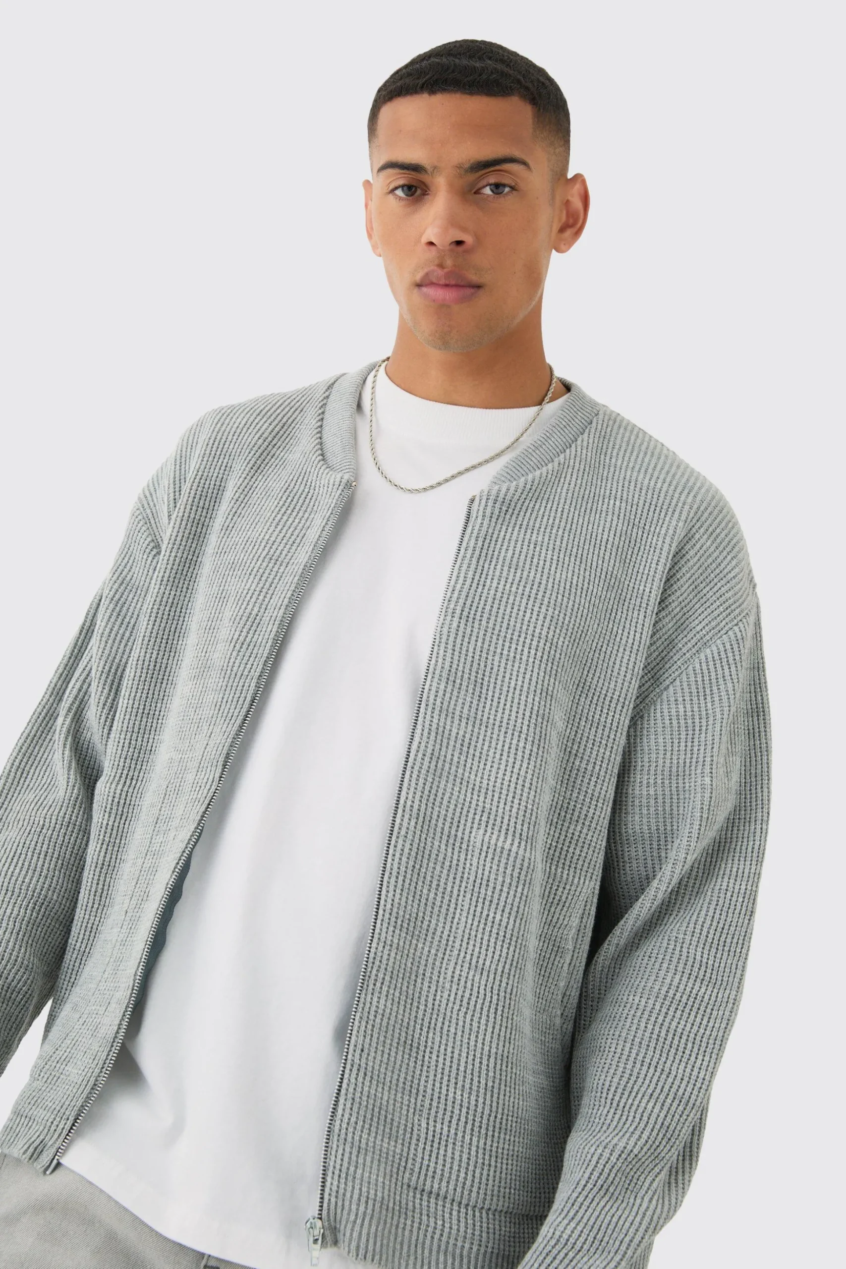 Boxy Oversized Ribbed Knit Bomber | BoohooMAN UK