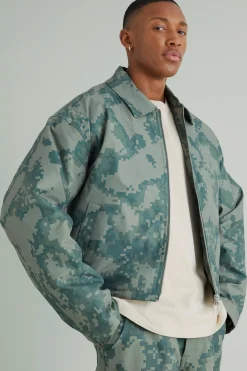 Boxy Pixelated Camo Harrington | BoohooMAN UK