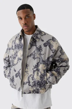 Boxy Pixelated Camo Harrington | BoohooMAN UK