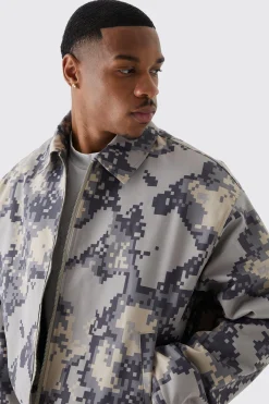 Boxy Pixelated Camo Harrington | BoohooMAN UK